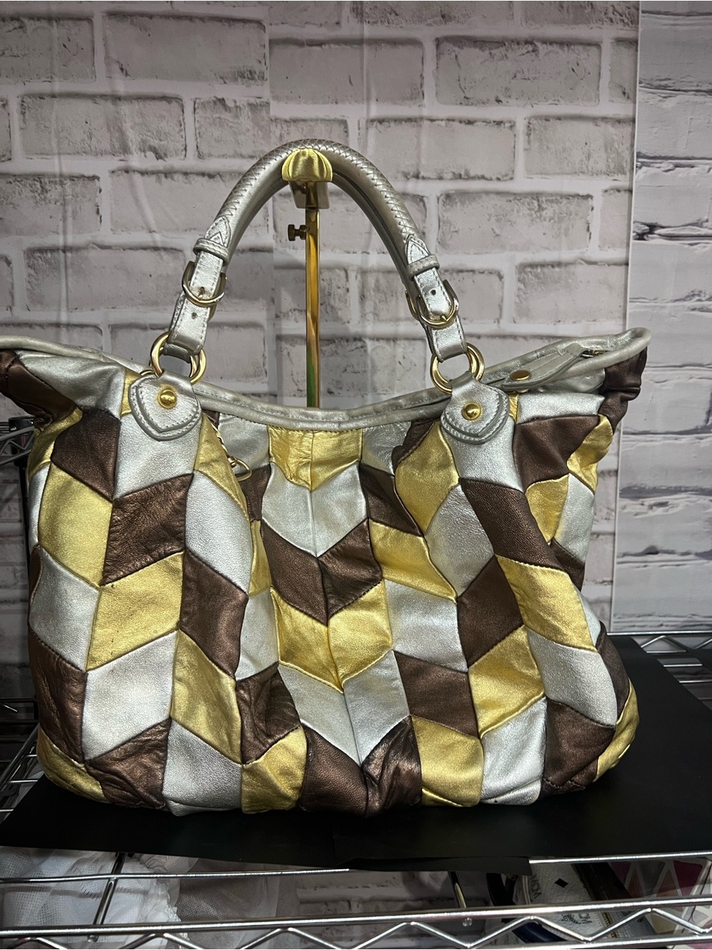 Miu Miu Metallic Patchwork Leather Tote Bag - Silver, Gold & Brown - Picture 2 of 3